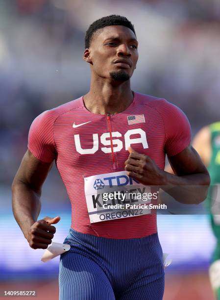 Fred Kerley of Team United States looks on after competing in the Men's 200m heats on day four of the World Athletics Championships Oregon22 at...