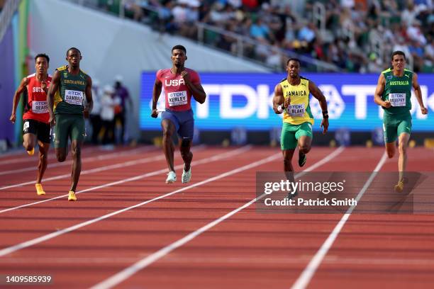 William Reais of Team Switzerland, Sinesipho Dambile of Team South Africa, Fred Kerley of Team United States, Yohan Blake of Team Jamaica, and Aidan...