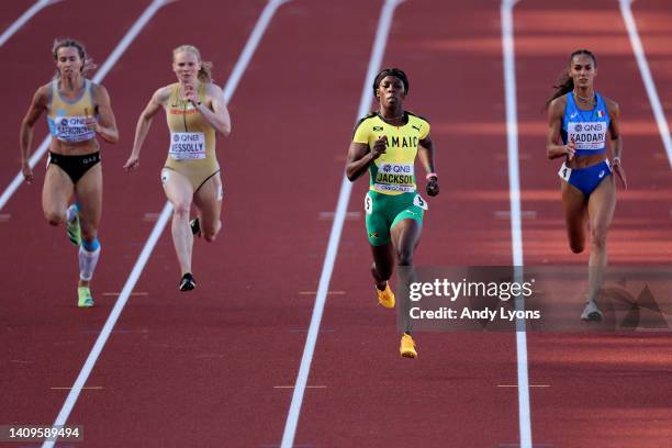 Olga Safronova of Team Kazakhstan, Jessica-Bianca Wessolly of Team Germany, Shericka Jackson of Team Jamaica, and Dalia Kaddari of Team Italy compete...