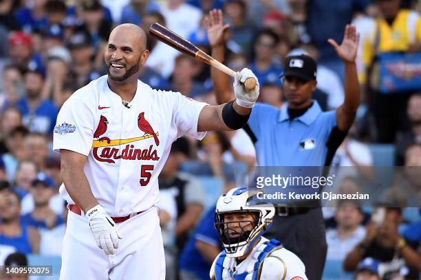 National League All-Start Albert Pujols of the St. Louis Cardinals reacts while competing in the 2022 T-Mobile Home Run Derby at Dodger Stadium on...