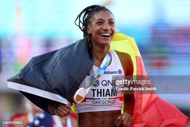 Nafissatou Thiam of Team Belgium celebrates after winning gold in the Women's Heptathlon on day four of the World Athletics Championships Oregon22 at...