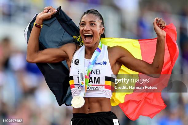 Nafissatou Thiam of Team Belgium celebrates after winning gold in the Women's Heptathlon on day four of the World Athletics Championships Oregon22 at...