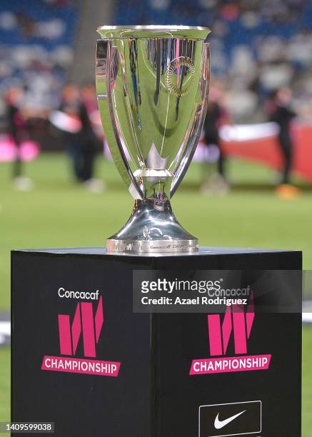 The champions trophy is displayed prior the championship match between United States and Canada as part of the 2022 Concacaf W Championship at BBVA...