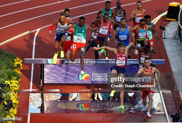 Getnet Wale of Team Ethiopia, Evan Jager of Team United States, and Sebastian Martos of Team Spain compete in the Men's 3000m Steeplechase Final on...