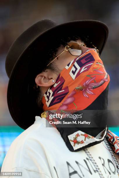 Rapper Bad Bunny looks on during the 2022 T-Mobile Home Run Derby at Dodger Stadium on July 18, 2022 in Los Angeles, California.