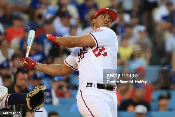 National League All-Star Juan Soto of the Washington Nationals bats during the 2022 T-Mobile Home Run Derby at Dodger Stadium on July 18, 2022 in Los...