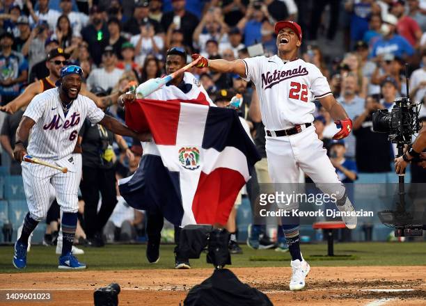 National League All-Star Juan Soto of the Washington Nationals celebrates after winning the 2022 T-Mobile Home Run Derby at Dodger Stadium on July...