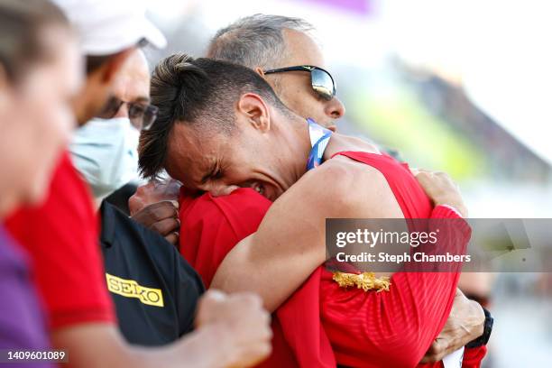 Soufiane El Bakkali of Team Morocco celebrates after winning gold in the Men's 3000m Steeplechase Final on day four of the World Athletics...