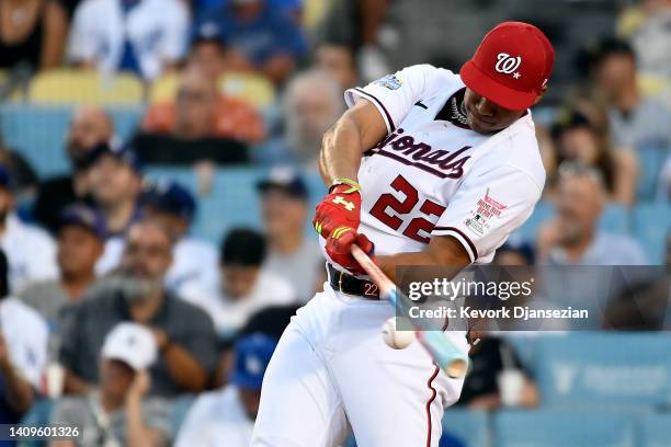 National League All-Star Juan Soto of the Washington Nationals bats during the 2022 T-Mobile Home Run Derby at Dodger Stadium on July 18, 2022 in Los...