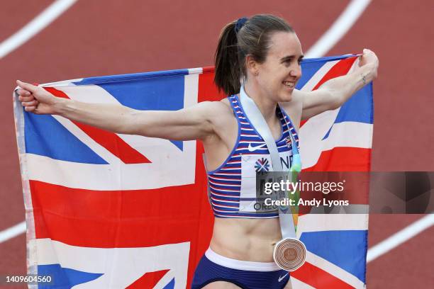 Bronze medalist Laura Muir of Team Great Britain celebrates after competing in the Women's 1500m Final on day four of the World Athletics...