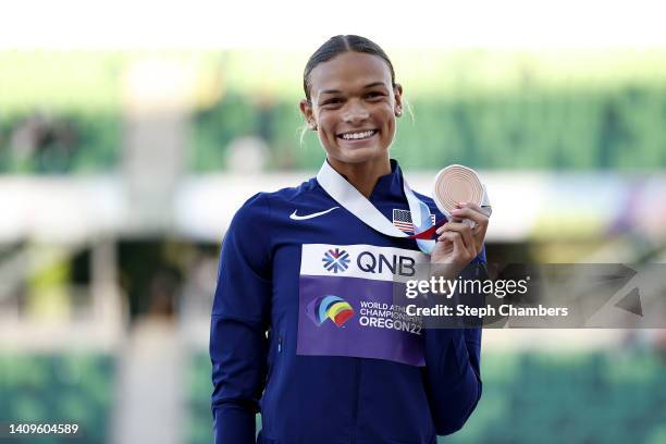 Bronze medalist Anna Hall of Team United States poses during the medal ceremony for the Women's Heptathlon on day four of the World Athletics...