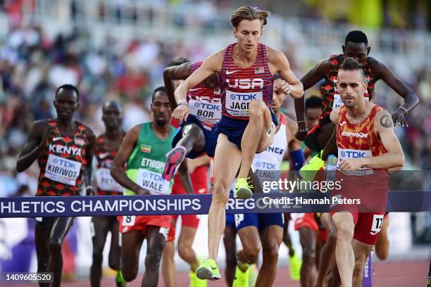 Evan Jager of Team United States competes in the Men's 3000m Steeplechase Final on day four of the World Athletics Championships Oregon22 at Hayward...