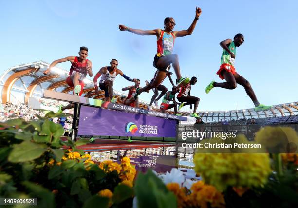 Yemane Haileselassie of Team Eritrea and Getnet Wale of Team Ethiopia compete in the Men's 3000m Steeplechase Final on day four of the World...