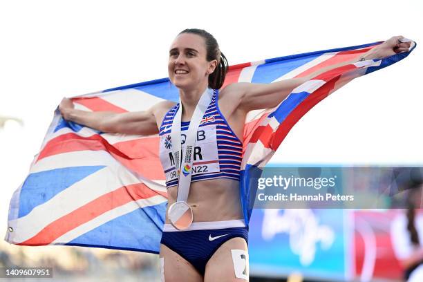 Bronze medalist Laura Muir of Team Great Britain celebrates after competing in the Women's 1500m Final on day four of the World Athletics...