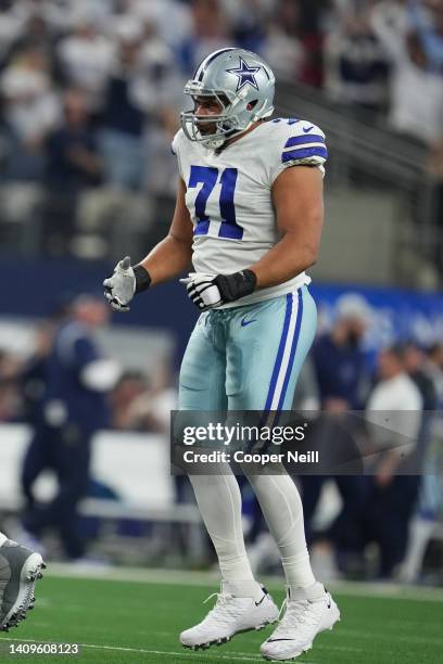 Lael Collins of the Dallas Cowboys celebrates against the San Francisco 49ers during an NFL wild-card playoff football game at AT&T Stadium on...