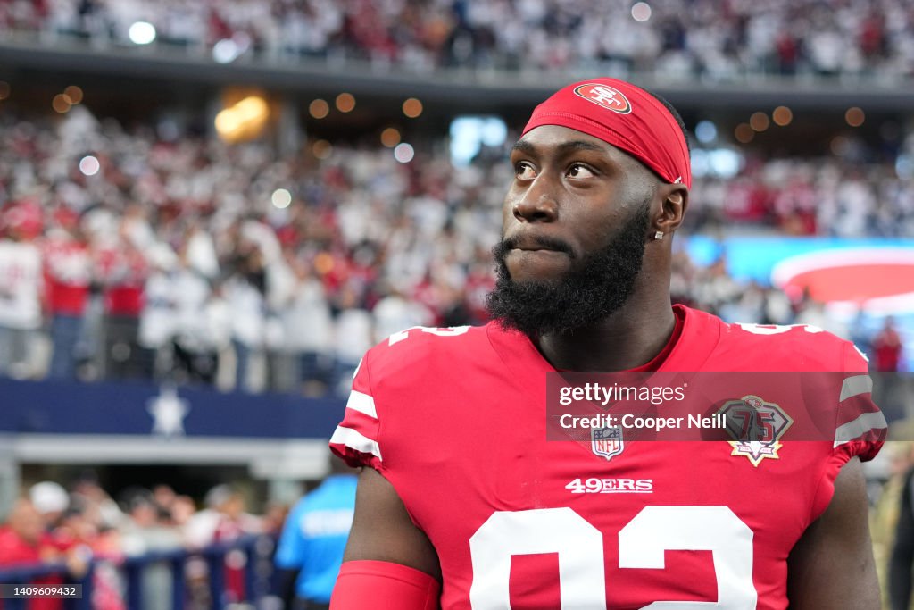 Charles Omenihu of the San Francisco 49ers looks toward the stands