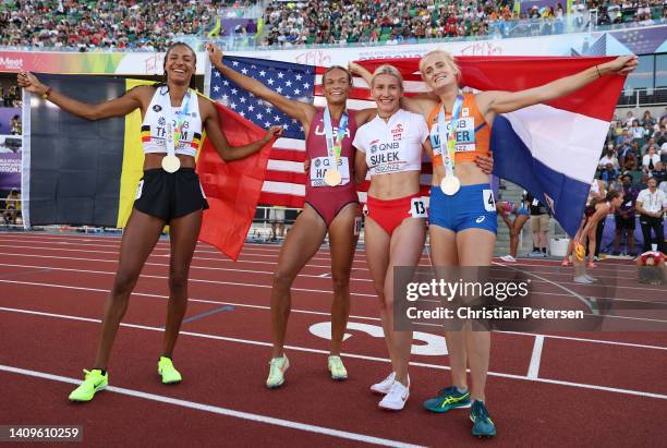 Gold medalist Nafissatou Thiam of Team Belgium, bronze medalist Anna Hall of Team United States, Adrianna Sulek of Team Poland, and silver medalist...