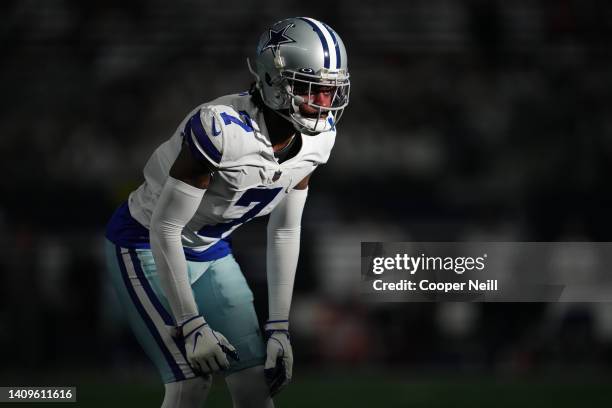 Trevon Diggs of the Dallas Cowboys defends against the San Francisco 49ers during an NFL wild-card playoff football game at AT&T Stadium on January...