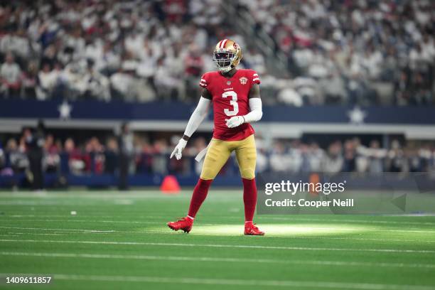 Jaquiski Tartt of the San Francisco 49ers gets set against the Dallas Cowboys during an NFL wild-card playoff football game at AT&T Stadium on...