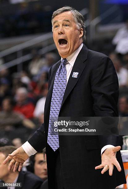 Head coach Mike Montgomery of the Stanford Cardinal complains to the referees in the game against the California Golden Bears during the...