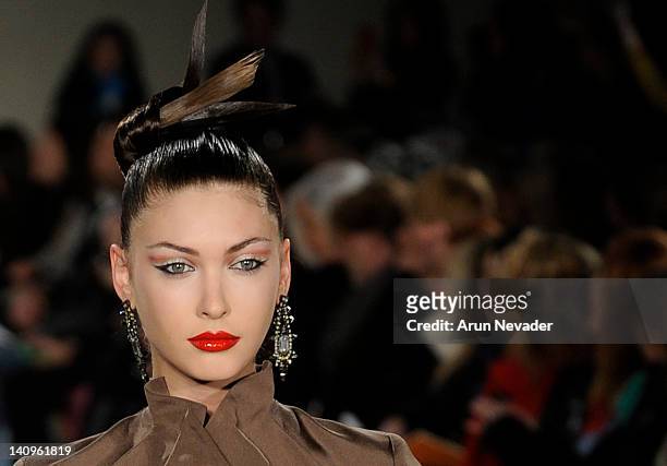 Model Amanda Hendrick seen on the runway at the Zac Posen show during Fall 2012 Fashion Week on February 12, 2012 at the David Koch Theatre in...