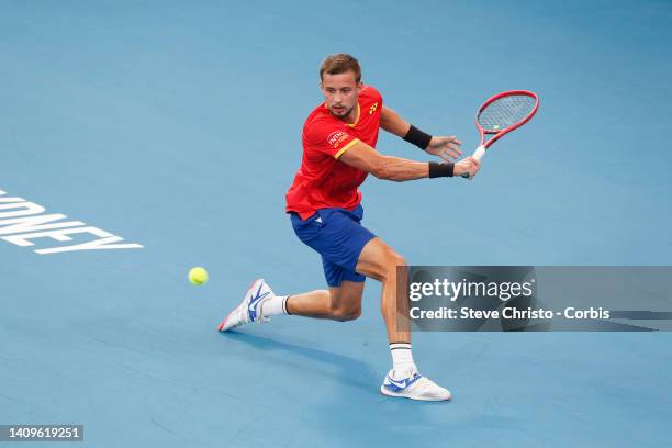 Alexander Cozbinov of Moldova plays a shot against Steve Darcis of Belgium during day one of the 2020 ATP Cup at Ken Rosewall Arena on January 03,...