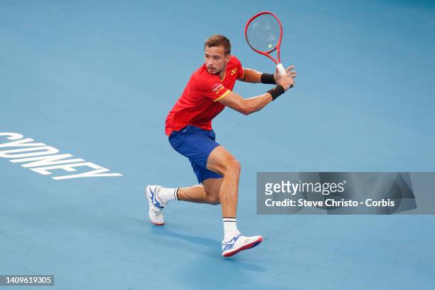 Alexander Cozbinov of Moldova plays a shot against Steve Darcis of Belgium during day one of the 2020 ATP Cup at Ken Rosewall Arena on January 03,...