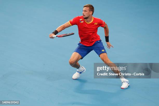 Alexander Cozbinov of Moldova plays a shot against Steve Darcis of Belgium during day one of the 2020 ATP Cup at Ken Rosewall Arena on January 03,...