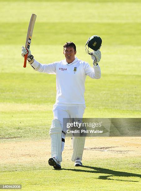 Graeme Smith of South Africa celebrates his century during day three of the First Test match between New Zealand and South Africa at the University...
