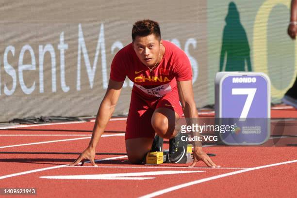 Xie Zhenye of Team China prepares to compete in the Men's 200m heats on day four of the World Athletics Championships Oregon22 at Hayward Field on...