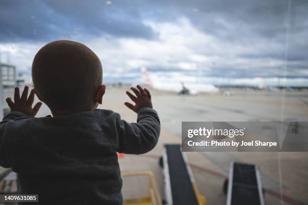 one year old baby looking through an airport window - tegenlicht stockfoto's en -beelden