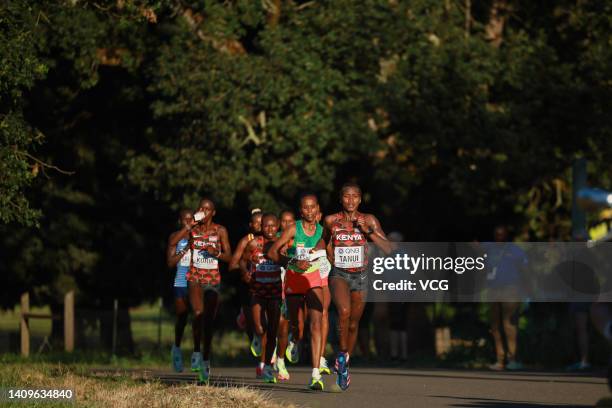 Angela Tanui of Team Kenya and Ababel Yeshaneh of Team Ethiopia compete in the Women's Marathon Final on day four of the World Athletics...