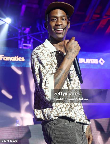 Travis Scott performs onstage during the “Players Party” co-hosted by Michael Rubin, MLBPA and Fanatics at City Market Social House on July 18, 2022...