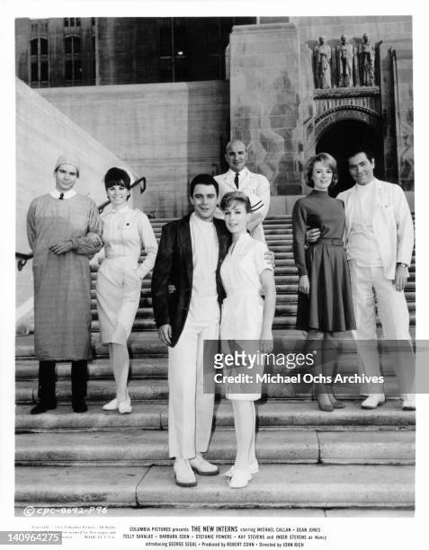 Dean Jones, Stephanie Powers, Barbara Eden, Michael Callan, Telly Savalas Inger Stevens, and George Segal at hospital steps in a scene from the film...