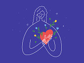 Self care, love inside, mental health, charity vector illustration with cute woman put her hands holding heart with flowers