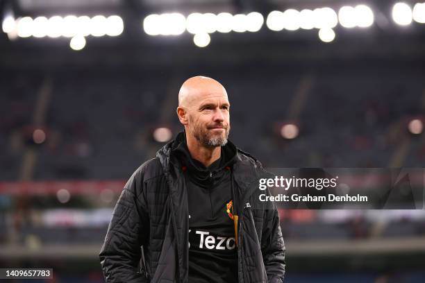 Manchester United Manager Erik ten Hag looks on prior to the Pre-Season Friendly match between Manchester United and Crystal Palace at Melbourne...