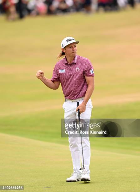 Cameron Smith of Australia celebrates after his putt on the 18th hole during the final round of The 150th Open at St Andrews Old Course on July 17,...