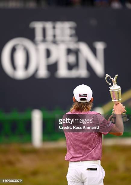 Cameron Smith of Australia celebrates with the Claret Jug 18th green after the final round of The 150th Open at St Andrews Old Course on July 17,...