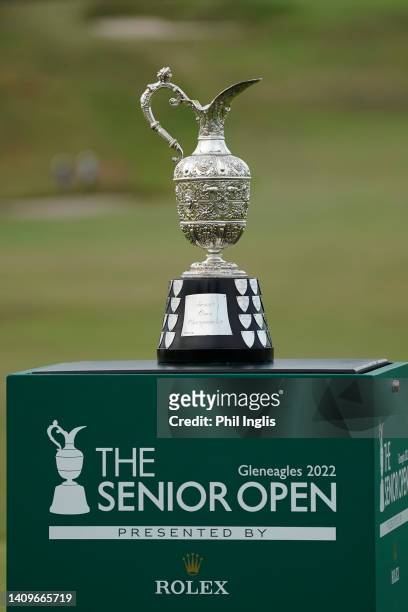 The Senior Open trophy on display in the 1st tee prior to The Senior Open Presented by Rolex at The King's Course on July 19, 2022 in Gleneagles,...