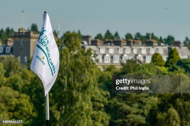 General view of a pinflag with Gleneagles Hotel in the background in prior to The Senior Open Presented by Rolex at The King's Course on July 19,...