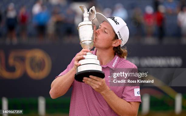 Cameron Smith of Australia celebrates with the Claret Jug on the 18th green after the final round of The 150th Open at St Andrews Old Course on July...