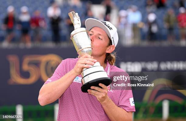 Cameron Smith of Australia celebrates with the Claret Jug on the 18th green after the final round of The 150th Open at St Andrews Old Course on July...