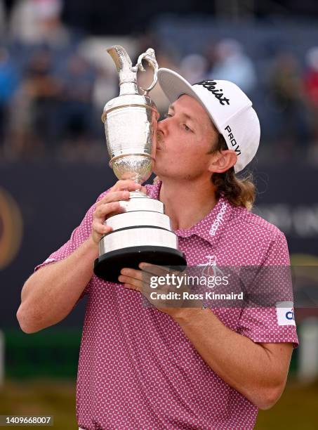 Cameron Smith of Australia celebrates with the Claret Jug on the 18th green after the final round of The 150th Open at St Andrews Old Course on July...