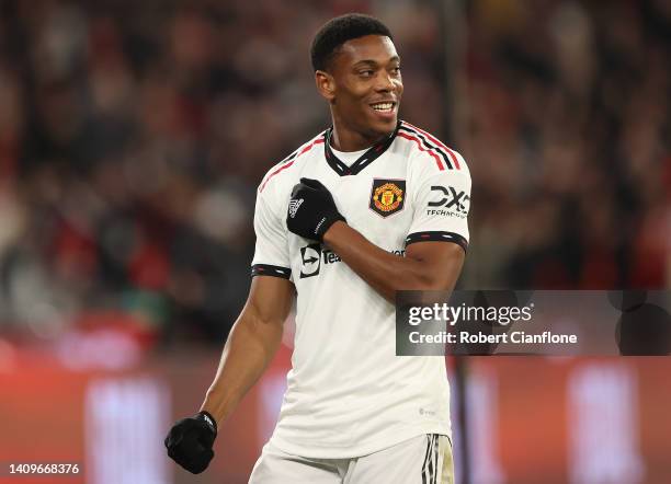 Anthony Martial of Manchester United celebrates after scoring a goal during the Pre-Season Friendly match between Manchester United and Crystal...