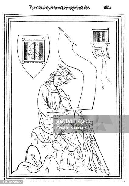 illustrazioni stock, clip art, cartoni animati e icone di tendenza di trovatore e menestrello walther von der vogelweide ritratto medievale del 14 ° secolo - menestrello-persona