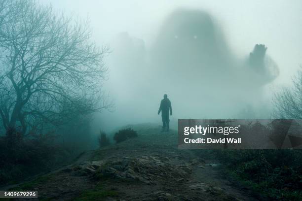 a giant spooky entity, emerging from the fog. as a person looks up. on a bleak winters day in the countryside. - very scary monsters stock-fotos und bilder