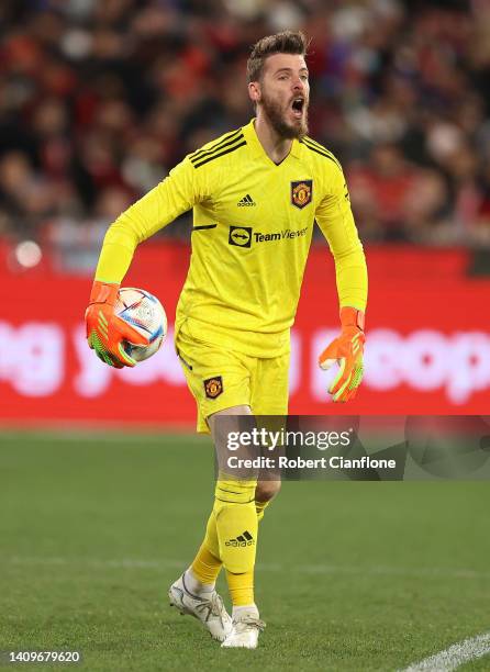 Manchester United goalkeeper David de Gea reacts during the Pre-Season Friendly match between Manchester United and Crystal Palace at Melbourne...