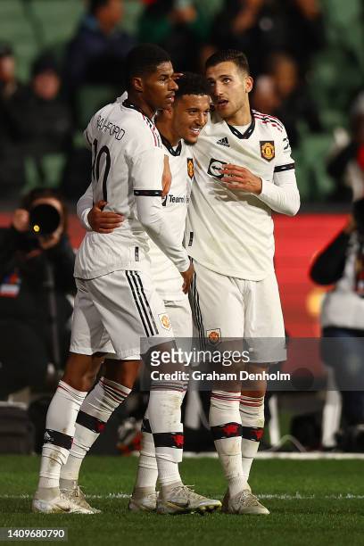 Jadon Sancho of Manchester United celebrates his goal during the Pre-Season Friendly match between Manchester United and Crystal Palace at Melbourne...