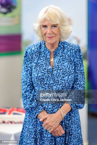 Camilla, Duchess of Cornwall during a visit to Charlestown School on July 19, 2022 in St. Austell, Cornwall. The Duchess of Cornwall is patron of...