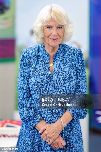 Camilla, Duchess of Cornwall during a visit to Charlestown School on July 19, 2022 in St. Austell, Cornwall. The Duchess of Cornwall is patron of...